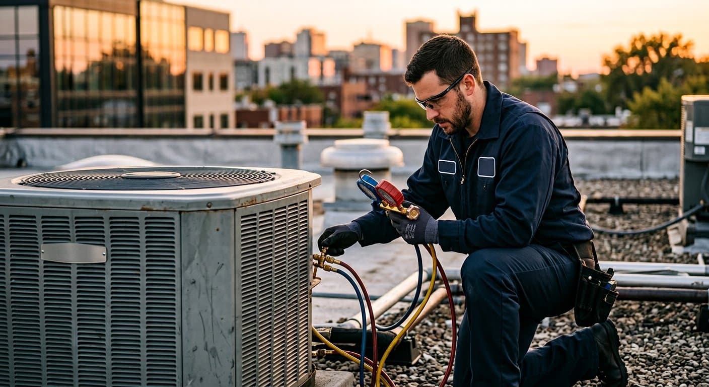 Technician servicing an outdoor AC unit